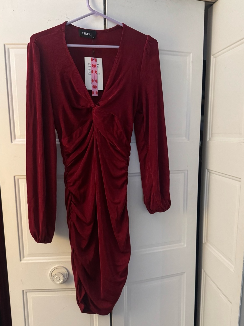 Cider Deep Red Ruched Long Sleeve Midi Dress
